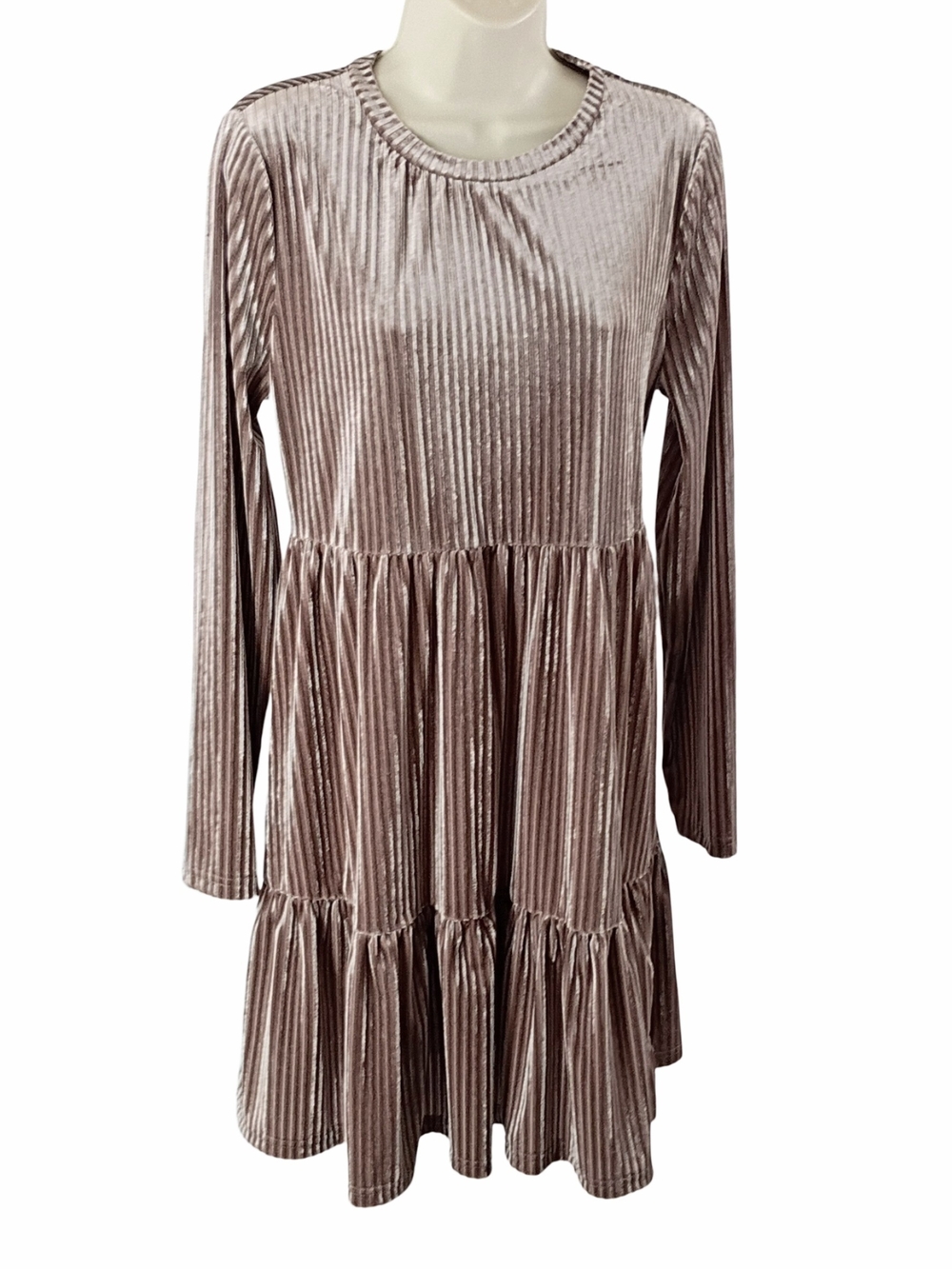 Women's Velour Tiered Long-Sleeve Dress - Taupe Size XL
